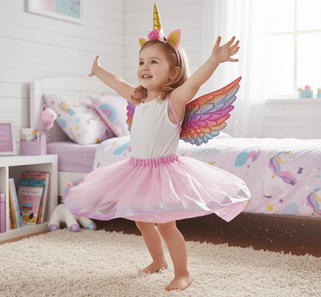 Kids Pink Unicorn Dress, Wings and Headband Set