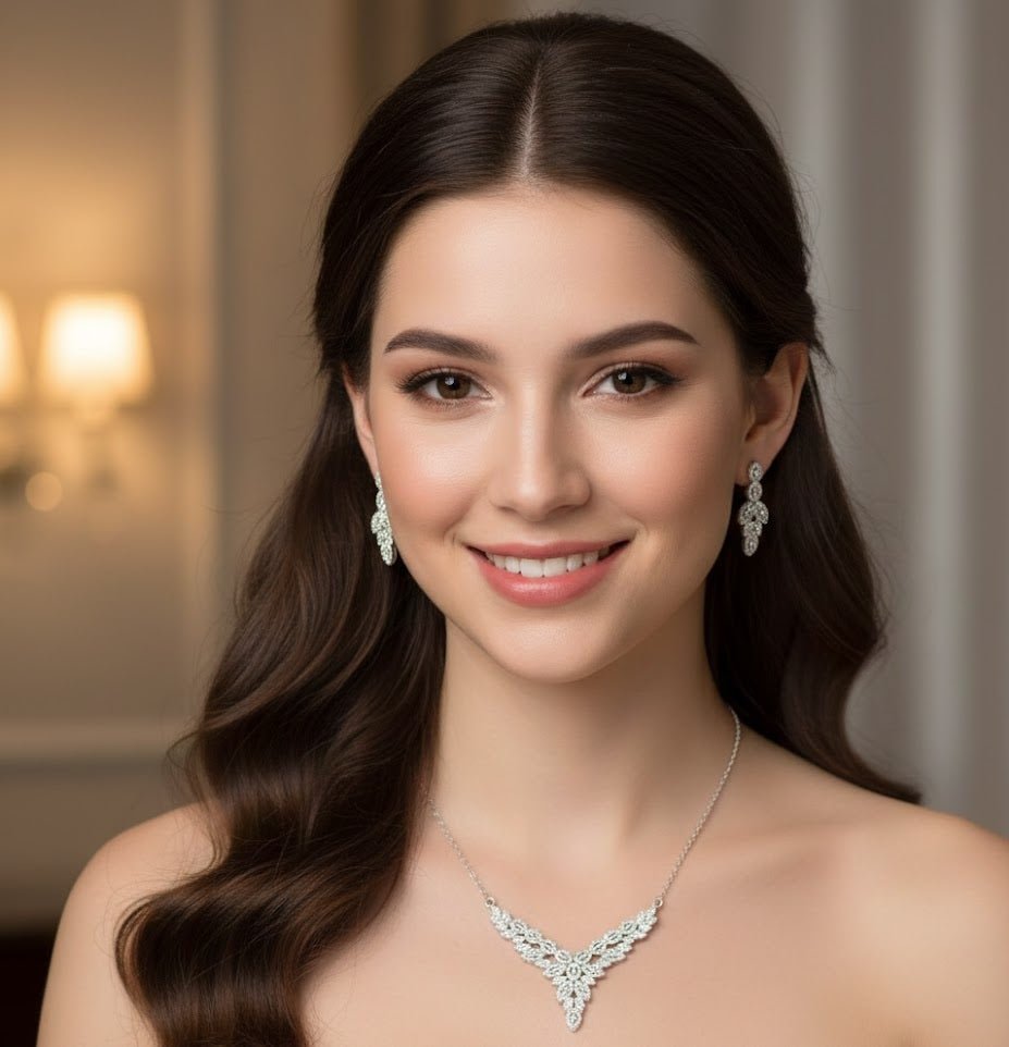 Layered Leaf Crystal Necklace and Drop Earrings Set