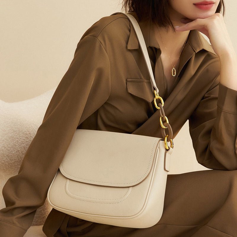 Cowhide Leather Shoulder Bag with Organizer Pockets