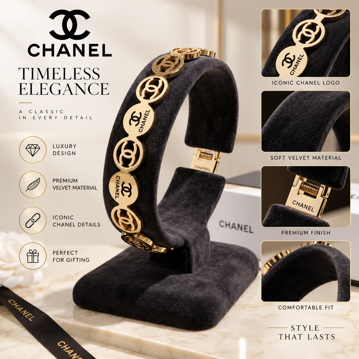 Gold-Toned Metal Bracelet with Interlocking CC Logo and CHANEL Text