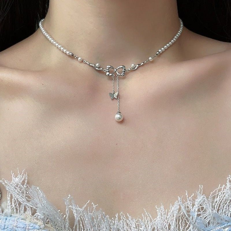 925 Silver Imitation Pearl Bow-Tie Tassel Necklace