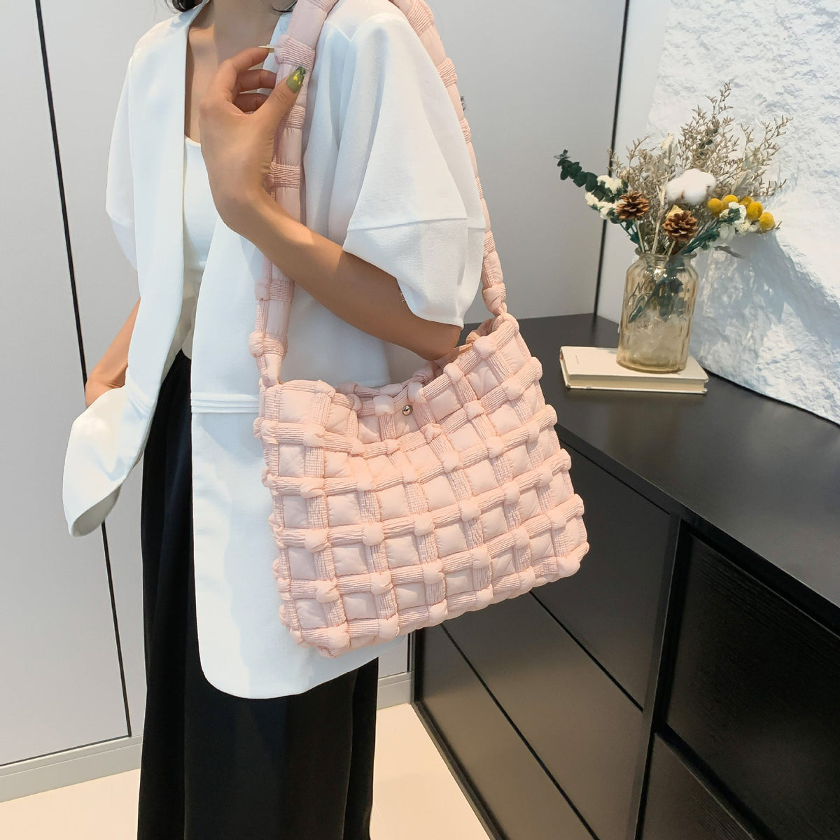 Nylon Shoulder Bag with Interior Organizer Pockets