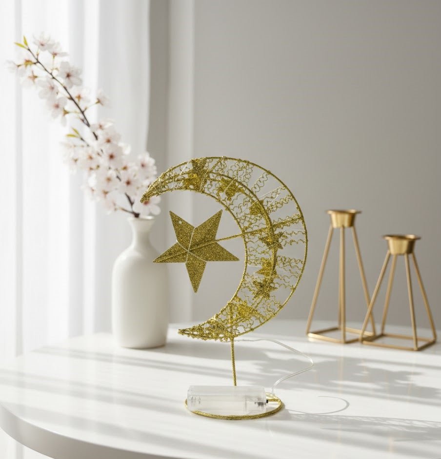 Gold Crescent Moon and Star LED Table Light