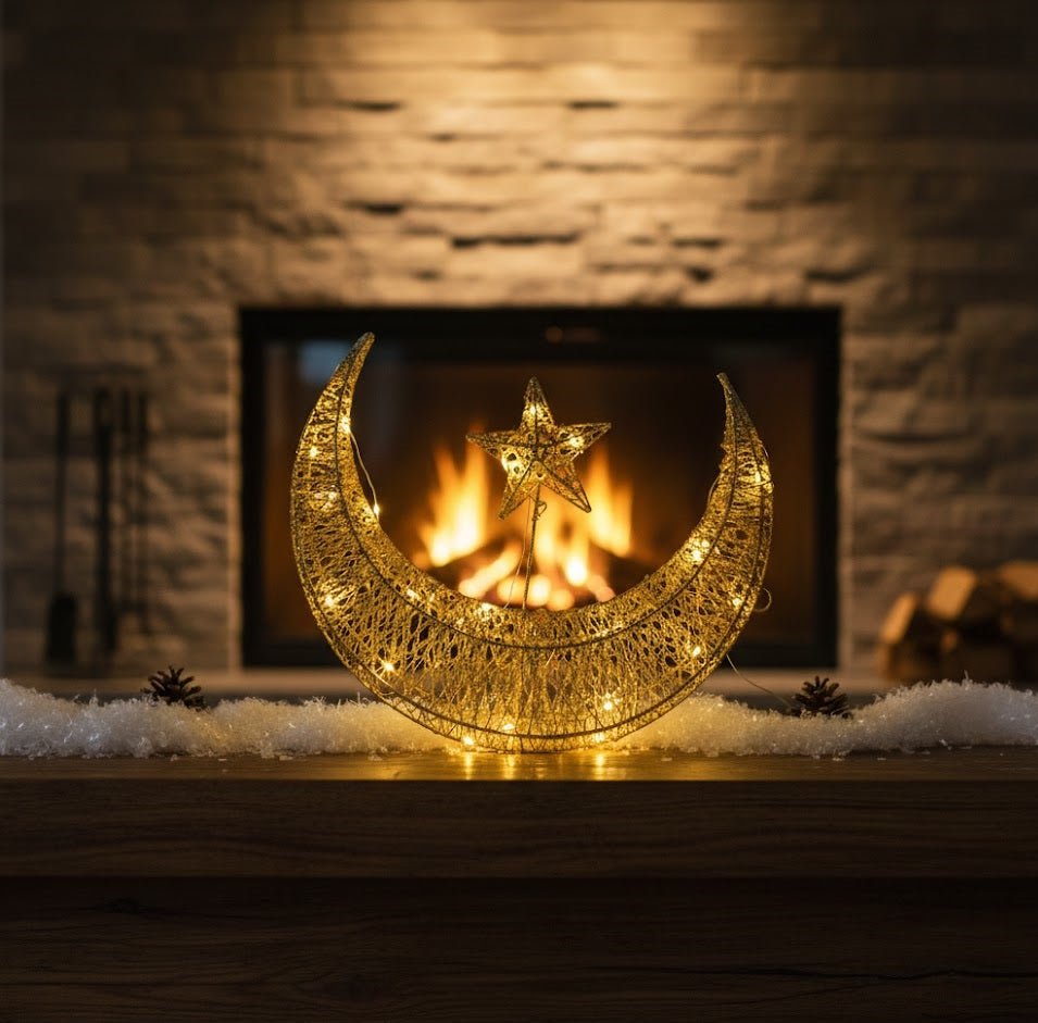 Gold Crescent Moon and Star Hanging Ornament