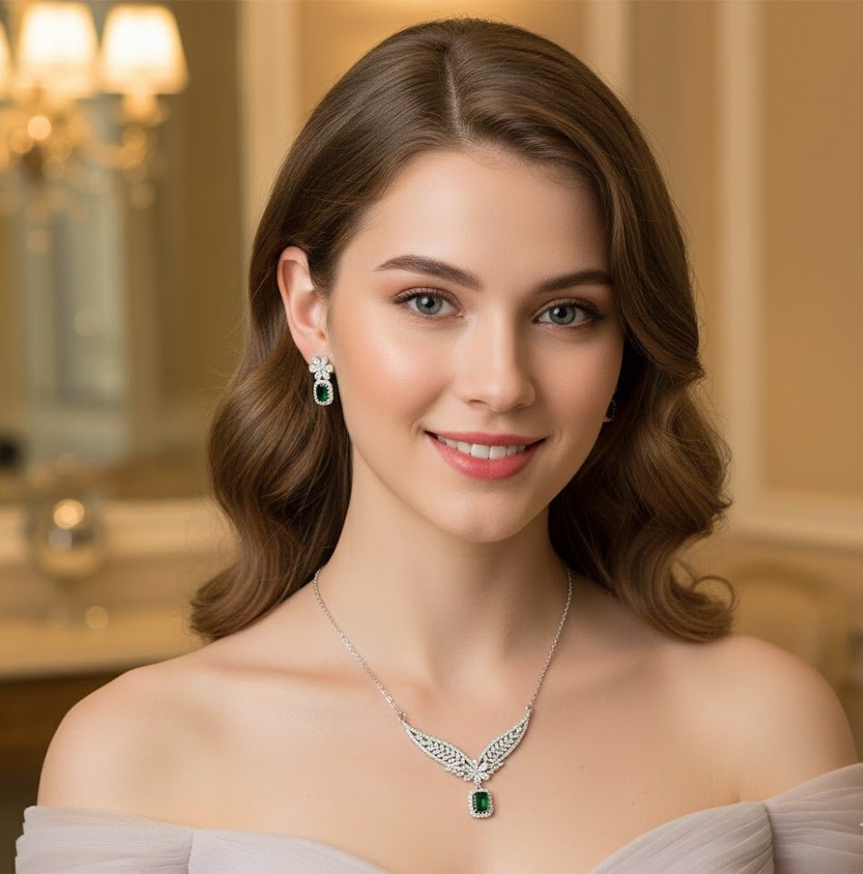 Silver-Tone Leaf Necklace and Green Stone Earrings Set
