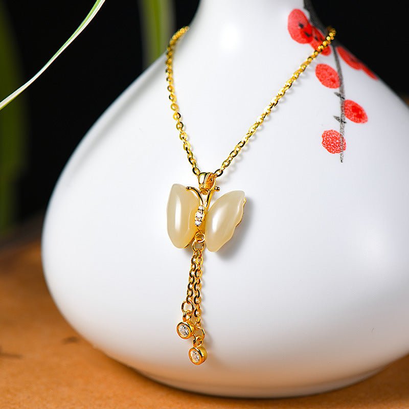 Silver Butterfly Necklace with Hetian Jade Pendant