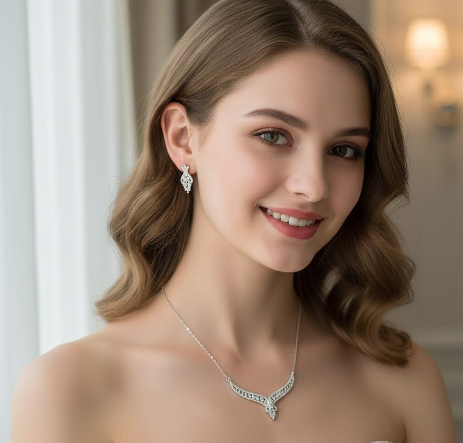 V-Shaped Crystal Necklace and Drop Earrings Set