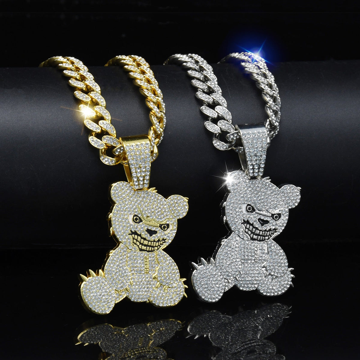 Grinning Bear Rhinestone Cuban Link Necklace