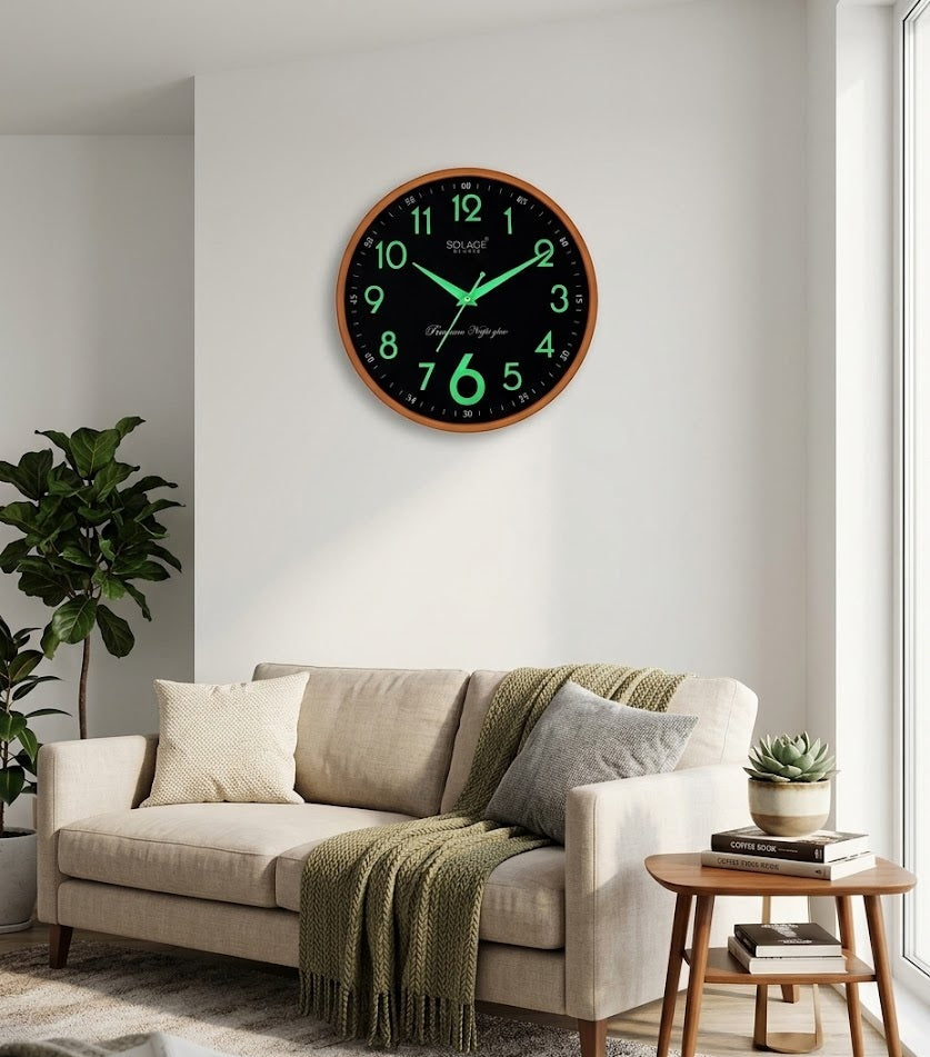 Round Night-Glow Quartz Wall Clock, 12 × 12 Inches